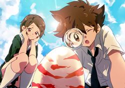  1boy brother_and_sister brown_eyes brown_hair chokota closed_mouth cloud commentary_request day digimon digimon_adventure digimon_adventure_tri. digitama egg female hair_ornament hairclip magnifying_glass school_uniform short_hair siblings skirt sky smile socks sun yagami_hikari yagami_taichi 