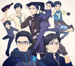  1boy ^_^ aged_down black_gloves black_hair blue-framed_eyewear bottle brown_eyes closed_eyes collared_shirt commentary_request earbuds earphones glasses gloves hair_slicked_back ice_skates jacket katsuki_yuuri lolicon male_focus multiple_persona necktie shirt skates smile standing standing_on_one_leg takeshi_(mononohu20) track_jacket yuri!!!_on_ice 