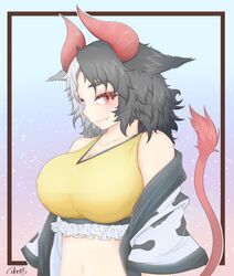  absurdres animal_ears animal_print artist_name bare_shoulders black_hair blue_background blush breasts cleavage clip_studio_paint_(medium) collarbone commentary_request cow_ears cow_girl cow_horns cow_print cow_tail crop_top cube85 fang_out female frills gradient_background grey_hair haori highres horns huge_breasts japanese_clothes long_sleeves looking_at_viewer midriff multicolored_hair navel oerba_yun_fang off_shoulder outside_border pink_background purple_background red_eyes red_horns red_tail short_hair signature smile solo split-color_hair sports_bra stomach tail thick_eyebrows touhou two-tone_hair upper_body ushizaki_urumi wide_sleeves yellow_sports_bra 