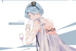  alcohol alternate_costume artist_name bangle bare_shoulders blue_hair blush bracelet character_name commentary cup dress earrings elbow_gloves female from_behind girls&#039;_frontline gloves hair_ornament hairband hairclip halter_dress halterneck highres jewelry looking_at_viewer looking_back official_alternate_costume orange_eyes popsi revision short_hair solo white_dress white_gloves zas_m21_(girls&#039;_frontline) zas_m21_(white_queen)_(girls&#039;_frontline) 