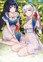  2girls absurdres ahoge bird blue_eyes blue_sky blush bracelet braid breasts casual commentary_request day dress hair_between_eyes hair_ornament hairband highres honkai_(series) honkai_impact_3rd jewelry kiana_kaslana large_breasts long_hair looking_at_viewer medium_breasts multiple_girls outdoors parted_lips ponytail purple_eyes purple_hair raiden_mei seiza side_braid sidelocks sitting sky smile twin_braids very_long_hair wariza white_dress white_hair yamanashi_kawanashi 