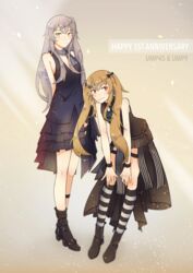  2girls absurdres boots brown_hair character_name commentary_request dress english_text girls&#039;_frontline grey_hair highres kokuya_(kokuya28) long_hair multiple_girls official_alternate_costume red_eyes scar scar_across_eye scar_on_face sleeveless sleeveless_dress smile socks striped_clothes striped_thighhighs thighhighs twintails ump45_(diamond_flower)_(girls&#039;_frontline) ump45_(girls&#039;_frontline) ump9_(girls&#039;_frontline) ump9_(the_world&#039;s_melody)_(girls&#039;_frontline) yellow_eyes 