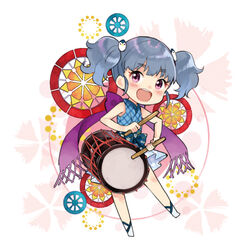  :d bare_arms bare_shoulders blue_bow blue_dress blue_hair blush boots bow character_request chibi commentary_request dress drum drumsticks female hair_ornament instrument looking_at_viewer lowres miyabi_akino music nadeshiko_doremisora open_mouth otsuzumi playing_instrument purple_eyes purple_scarf scarf short_hair short_twintails sleeveless sleeveless_dress smile solo teeth twintails upper_teeth_only white_footwear 