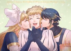  1boy 2girls ahoge alfonse_(fire_emblem) alternate_costume blonde_hair blue_hair blush bow brother_and_sister cake candle closed_eyes commentary crown double_bun english_commentary english_text fire_emblem fire_emblem_heroes food food_on_face gloves gradient_hair hair_bun hair_ornament hair_ribbon happy_birthday henriette_(fire_emblem) highres kissing kissing_cheek long_hair mother&#039;s_day mother_and_daughter mother_and_son multicolored_hair multiple_girls open_mouth ribbon rokusashu sharena_(fire_emblem) short_hair siblings smile white_bow 