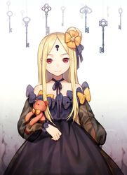  abigail_williams_(fate) black_bow black_dress blonde_hair blush bow commentary_request cowboy_shot dress fate/grand_order fate_(series) female hairbow highres key keyhole long_hair long_sleeves looking_at_viewer multiple_bows orange_bow parted_bangs polka_dot polka_dot_bow purple_bow red_eyes solo stuffed_animal stuffed_toy tarantulaines teddy_bear very_long_hair 