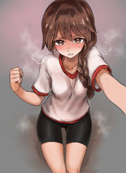  absurdres aomushi_(mushamusha) bike_shorts black_shorts blush braid braided_ponytail breath brown_eyes brown_hair clenched_hand commentary_request cosplay female foreshortening girls_und_panzer gym_shirt gym_uniform hair_over_shoulder highres isobe_noriko isobe_noriko_(cosplay) long_hair looking_at_viewer parted_lips reaching reaching_towards_viewer rukuriri_(girls_und_panzer) selfie shirt short_shorts short_sleeves shorts single_braid sitting solo steam sweat t-shirt thigh_gap white_shirt 