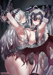  2girls armpits arms_up ass bad_id bad_twitter_id bare_shoulders bat_wings blush bondage bondage bound bound_arms breast_press breasts chains club3 commentary_request dark_jeanne elbow_gloves fate/grand_order fate_(series) gloves granblue_fantasy grey_hair grimace headpiece jeanne_d&#039;arc_(granblue_fantasy) jeanne_d&#039;arc_alter_(avenger)_(fate) jeanne_d&#039;arc_alter_(fate) long_hair looking_back multiple_girls name_connection patreon_logo symmetrical_docking thighhighs white_hair wings yellow_eyes 