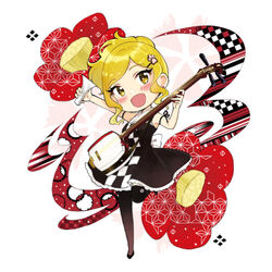  :d bachi bare_arms bare_shoulders black_dress black_footwear blonde_hair blush brown_pantyhose checkered chibi commentary_request dress female flower hair_ornament hairclip head_tilt holding holding_instrument instrument looking_at_viewer lowres miyabi_akino nadeshiko_doremisora nekoma_miya open_mouth pantyhose paw_hair_ornament plectrum red_flower shamisen shoes sleeveless sleeveless_dress smile solo standing standing_on_one_leg yellow_eyes 