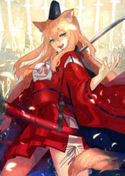  absurdres animal_ear_fluff animal_ears blonde_hair breasts commentary_request fangs fate/extra fate/extra_ccc fate/extra_ccc_fox_tail fate_(series) female fox_ears fox_tail hakama hakama_short_skirt hakama_skirt hat highres japanese_clothes large_breasts long_hair looking_at_viewer nishikiya open_mouth pleated_skirt red_hakama red_ribbon ribbon sash sheath sheathed skirt smile solo suzuka_gozen_(fate) sword tail weapon yellow_eyes 