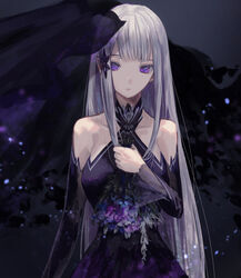  absurdres black_dress black_sleeves blunt_bangs collarbone commentary_request detached_sleeves dress female hair_ornament highres long_hair long_sleeves looking_at_viewer nomuraumu parted_lips pointy_ears purple_eyes re:zero_kara_hajimeru_isekai_seikatsu satella_(re:zero) see-through sleeveless sleeveless_dress solo standing straight_hair tail upper_body very_long_hair white_hair 