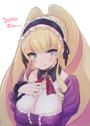  :&gt; :p blonde_hair blue_eyes blunt_bangs blush breasts chromatic_aberration cleavage commentary_request deep_web_underground dress drill_hair female hairband highres large_breasts lolita_hairband long_hair long_sleeves looking_at_viewer mukai_778 puffy_sleeves shinsougumi simple_background solo tongue tongue_out twin_drills very_long_hair virtual_youtuber white_background 