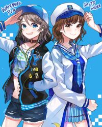  2girls anchor_print artist_name badge baseball_cap black_jacket blue_background blue_eyes blue_neckwear blue_skirt blush brown_eyes brown_hair button_badge cabbie_hat character_name choker clenched_hand commentary_request cowboy_shot crop_top denim denim_shorts drawstring earbuds earphones hand_in_pocket hat hood hood_down hooded_jacket hyugo jacket long_jacket long_sleeves looking_at_viewer love_live! love_live!_school_idol_festival love_live!_sunshine!! mirai_no_bokura_wa_shitteru_yo multiple_girls navel necktie o-ring o-ring_choker plaid_neckwear print_shirt raglan_sleeves sailor_collar saitou_shuka salute shirt short_shorts shorts skirt smile studded_choker voice_actor voice_actor_connection watanabe_you white_jacket 