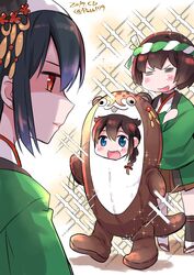  =_= aikawa_ruru animal_costume artist_name black_hair blue_eyes bokukawauso braid brown_hair commentary_request dated hachimaki hair_flaps hair_ornament hair_over_shoulder happi headband highres hyuuga_(kancolle) japanese_clothes kantai_collection long_hair mascot_costume multiple_girls nejiri_hachimaki original otter_costume red_eyes remodel_(kantai_collection) shaded_face shigure_(kancolle) short_hair sparkle yamashiro_(kancolle) 