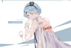  alcohol alternate_costume artist_name bad_id bad_pixiv_id bangle bare_shoulders blue_eyes blue_hair blush bracelet character_name commentary cup dress earrings elbow_gloves female from_behind girls&#039;_frontline gloves hair_ornament hairband hairclip halter_dress halterneck highres jewelry looking_at_viewer looking_back official_alternate_costume popsi short_hair solo white_dress white_gloves zas_m21_(girls&#039;_frontline) zas_m21_(white_queen)_(girls&#039;_frontline) 