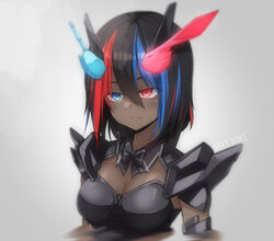  armor black_armor black_bow black_bowtie black_hair blue_eyes blue_hair blurry bow bowtie breasts cleavage closed_mouth commentary dark-skinned_female dark_skin detached_collar eki_doki expressionless female genderswap_(mtf) glowing grey_background hair_between_eyes headgear heterochromia highres instagram_username kamen_rider kamen_rider_build kamen_rider_build_(series) looking_away medium_breasts medium_hair multicolored_hair rabbit+tank_form_(black_hazard) red_eyes red_hair rider-tan rule_63 shoulder_armor solo streaked_hair tsurime upper_body 