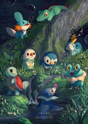  :&lt; artist_name beak bubble clockbirds commentary english_commentary fins flower forest froakie frown grass head_fins highres leaf mudkip nature no_humans oerba_yun_fang open_mouth oshawott partially_submerged piplup pokemon pokemon_(creature) popplio sobble squirtle tail totodile turtle_shell water waterfall 