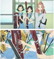  :d :o bassoon black_hair blouse blue_neckwear blue_sailor_collar blue_skirt brown_hair cardigan closed_eyes contrabassoon double_bun euphonium folder green_neckwear green_sailor_collar grey_cardigan hair_ornament hibike!_euphonium highres instrument kabutodani_eru kenzaki_ririka koteyama_suruga liz_to_aoi_tori multiple_girls music_stand neckstrap oboe open_mouth sailor_collar saxophone school_uniform screencap serafuku skirt smile star star_hair_ornament tenor_saxophone tuba white_blouse window 