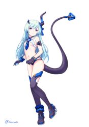  aqua_hair armlet ass asymmetrical_horns bare_shoulders black_gloves black_panties blush boots breasts commentary_request danraz0r ehart expressionless female full_body gloves hair_between_eyes hair_ornament hair_ribbon highres honkai_(series) honkai_impact_3rd horns liliya_olenyeva long_hair looking_at_viewer mechanical_tail navel open_clothes panties purple_eyes ribbon simple_background single_horn small_breasts solo standing tail thighhighs twitter_username underwear uneven_horns white_background 