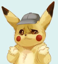  2019 5_fingers belly brown_eyes clothing countershading deerstalker_hat detective_pikachu dipstick_ears ear_markings feral feve fingers fluffy fur generation_1_pokemon gesture guess_i&#039;ll_die hat hat_only headgear headgear_only headwear headwear_only hi_res looking_at_viewer male meme mostly_nude multicolored_body multicolored_ears multicolored_fur nintendo pikachu pokemon pokemon_(species) pokemon_detective_pikachu reaction_image red_cheeks semi-anthro shrug simple_background solo two_tone_body two_tone_fur white_belly white_body white_countershading yellow_body yellow_fur 