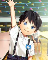  1boy aged_down black_hair blue_eyes blurry chalkboard classroom commentary_request depth_of_field free! hana_(dqkmb362) hand_up lolicon looking_at_viewer male_focus name_tag nanase_haruka_(free!) shirt shorts solo_focus suspender_shorts suspenders white_shirt 