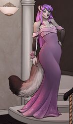  anthro blue_eyes canid canine clothed clothing digital_media_(artwork) dress female fur hair hi_res looking_at_viewer mammal purple_hair robyn_paperdoll shaded solo standing wide_hips 