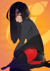  ass black_hair boots disney female female hair_over_one_eye half-closed_eyes kuroi_moyamoya long_hair solo the_incredibles thigh_boots thighhighs violet_parr 