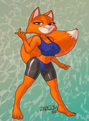  2019 4_fingers 4_toes anthro athletic athletic_anthro athletic_female barefoot biped black_clothing blue_clothing bottomwear breasts brutal_paws_of_fury canid canine cheek_tuft claws cleavage clothed clothing collarbone crop_top dipstick_tail eyelashes facial_tuft feet female fingers fox foxy_roxy front_view fur gradient_background green_background green_eyes half-closed_eyes inner_ear_fluff mammal markings midriff multicolored_tail narrowed_eyes navel nipple_outline orange_body orange_fur shirt shorts side_view simple_background smile solo spandex spandex_shorts standing tail tail_markings taunting three-quarter_view tight_bottomwear tight_clothing tight_shorts toes topwear tuft white_body white_fur wide_hips zaboom 