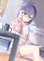  adjusting_eyewear alternate_costume animal_print bed bedroom blush coffee_mug commentary_request cup female floral_print gabriel_dropout gabriel_tenma_white glasses hair_ornament hairclip highres indoors knee_up medium_hair mug on_floor photo_(object) purple_eyes purple_hair rabbit_print satanichia_kurumizawa_mcdowell sitting sleepwear smile solo table tenma-gav vignette_tsukinose_april x_hair_ornament 