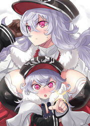  2girls azur_lane black_coat black_headwear blush bra bra_peek breasts brown_gloves cape coat commentary_request covered_nipples fur_trim gloves graf_zeppelin_(azur_lane) hair_between_eyes hat ishizu_kayu large_breasts long_hair long_sleeves military_hat multiple_girls open_mouth pointing pointing_at_viewer purple_eyes sweatdrop turret underwear upper_body wavy_hair white_bra white_hair zeppy_(azur_lane) 