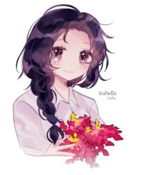  aged_down bad_id bad_twitter_id black_hair blush braid chachaitea09 character_name closed_mouth crying crying_with_eyes_open eyes_visible_through_hair female flower grey_eyes holding holding_flower isabella_(yakusoku_no_neverland) looking_at_viewer neck_tattoo red_flower shirt simple_background smile solo tattoo tears white_background yakusoku_no_neverland yellow_flower 