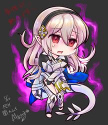  armor aura black_background black_gloves black_hairband blue_cape cape chibi commentary_request corrin_(female)_(fire_emblem) corrin_(fire_emblem) dark_aura dated dragon_tail female fire_emblem fire_emblem_fates fire_emblem_heroes gloves hairband long_hair nekomikoalice open_mouth pointy_ears red_eyes signature simple_background solo tail white_hair 