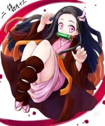  bit_gag black_hair claw_pose claws commentary_request female fingernails floating_hair gag gagged hair_ribbon highres japanese_clothes kamado_nezuko kimetsu_no_yaiba kimono kuroa_(kuroan) long_hair looking_at_viewer multicolored_hair nail_polish orange_hair pink_eyes pink_kimono pink_ribbon ribbon sharp_fingernails short_kimono solo tabi two-tone_hair very_long_hair white_legwear 