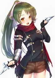  :d absurdres bad_id bad_pixiv_id black_gloves black_jacket bow breasts brown_shorts cowboy_shot female fingerless_gloves floating_hair gabriel_(monster_strike) gloves green_hair hair_ornament hairbow high_ponytail highres holding holding_knife jacket jun_(aousa0328) knife long_hair long_sleeves looking_at_viewer medium_breasts monster_strike oerba_yun_fang open_mouth orange_eyes parted_bangs ponytail red_scarf scarf short_shorts shorts simple_background smile solo standing star_(symbol) star_hair_ornament white_background white_bow 