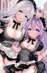  2girls ahoge alternate_costume apron azur_lane bad_id bad_pixiv_id black_panties blue_eyes blush braid breasts buttons cleavage commentary_request detached_collar double-breasted enmaided flower gloves hair_between_eyes hair_flower hair_ornament hand_on_another&#039;s_head illustrious_(azur_lane) large_breasts long_hair looking_at_viewer maeha maid maid_headdress mole mole_under_eye multiple_girls panties petticoat puffy_short_sleeves puffy_sleeves purple_eyes purple_hair short_sleeves side-tie_panties smile thighhighs underwear unicorn_(azur_lane) waist_apron white_gloves white_hair white_thighhighs 