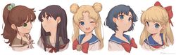  5girls ;d aino_minako bishoujo_senshi_sailor_moon bishoujo_senshi_sailor_moon_(first_season) black_hair blonde_hair blue_eyes blue_hair blush bow bowtie brooch brown_hair closed_mouth collarbone double_bun earrings green_eyes hair_bobbles hair_bun hair_ornament hairbow half_updo head_tilt high_ponytail highres hino_rei jewelry juuban_middle_school_uniform kino_makoto kino_makoto&#039;s_school_uniform long_hair looking_at_viewer looking_away looking_to_the_side mizuno_ami multiple_girls neckerchief one_eye_closed open_mouth parted_bangs parted_lips portrait purple_eyes red_bow red_bowtie red_neckerchief round_teeth ryota_(ry_o_ta) school_uniform serafuku shiba_koen_middle_school_uniform short_hair signature simple_background smile stud_earrings ta_girls_school_uniform teeth transformation_brooch_(sailor_moon) tsukino_usagi twintails upper_teeth_only white_background 