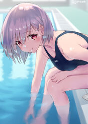  blue_one-piece_swimsuit breasts closed_mouth commentary_request female gridman_universe hair_between_eyes highres jonsun legs light_purple_hair looking_at_viewer medium_breasts one-piece_swimsuit pool poolside red_eyes shinjou_akane short_hair sitting smile soaking_feet soaking_hands solo ssss.gridman swimsuit twitter_username water 