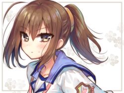  angel_beats! badge blue_sailor_collar brown_eyes brown_hair commentary_request female floral_background hisako_(angel_beats!) long_hair looking_at_viewer nakamura_hinato sailor_collar school_uniform serafuku shinda_sekai_sensen_uniform solo sweatdrop tsurime upper_body white_background 