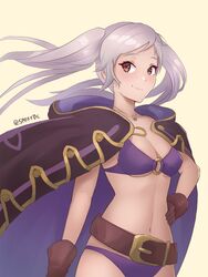  belt bikini breasts brown_eyes brown_gloves cleavage closed_mouth commentary female fire_emblem fire_emblem_awakening fire_emblem_heroes gloves highres jewelry medium_breasts necklace o-ring o-ring_bikini robin_(female)_(fire_emblem) robin_(female)_(summer)_(fire_emblem) robin_(fire_emblem) simple_background smile solo spiffydc swimsuit twintails twitter_username white_hair 