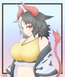  animal_ears animal_print artist_name bare_shoulders black_hair blue_background blush breasts cleavage clip_studio_paint_(medium) collarbone commentary_request cow_ears cow_girl cow_horns cow_print cow_tail crop_top cube85 fang_out female frills gradient_background grey_hair haori highres horns huge_breasts japanese_clothes long_sleeves looking_at_viewer midriff multicolored_hair navel oerba_yun_fang off_shoulder outside_border pink_background purple_background red_eyes red_horns red_tail short_hair signature smile solo split-color_hair sports_bra stomach tail thick_eyebrows touhou two-tone_hair upper_body ushizaki_urumi wide_sleeves yellow_sports_bra 