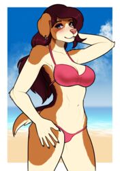  alpha_channel anthro beach beagle bikini breasts canid canine canis clothing digital_media_(artwork) domestic_dog ear_piercing female hi_res hunting_dog looking_at_viewer mammal outside piercing porin scent_hound seaside shaded smile solo standing swimwear 