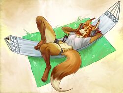  anthro autumn_(praexon) canid canine clothing electronics female fox freckles hair hammock headphones kmoth lying mammal music phone red_hair 