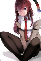  black_pantyhose brown_hair chinese_commentary closed_mouth collared_shirt commentary_request dress_shirt feet_out_of_frame female gzsd hair_between_eyes highres jacket long_hair looking_at_viewer makise_kurisu necktie off_shoulder pantyhose red_necktie shirt simple_background solo steins;gate white_background white_shirt 