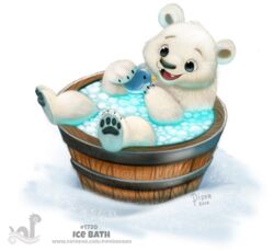  2017 ambiguous_gender avian bath bath_toy bathtub bear bird black_eyes claws digital_media_(artwork) digital_painting_(artwork) english_text feral ice mammal open_mouth pawpads penguin piper_thibodeau polar_bear simple_background smile snow solo text ursine water white_background 