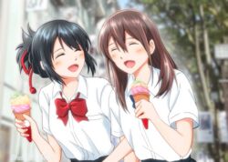  2girls :d ^_^ black_hair blurry blurry_background blush brown_hair closed_eyes commentary_request food hair_ribbon ice_cream kimi_no_na_wa. kimi_no_suizou_wo_tabetai long_hair miyamizu_mitsuha multiple_girls open_mouth red_ribbon ribbon school_uniform short_sleeves smile take20131004 upper_body yamauchi_sakura 