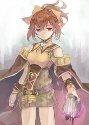  armor book bow bracelet breastplate brown_hair cape closed_mouth commentary_request delthea_(fire_emblem) dress empty_eyes female fire_emblem fire_emblem_echoes:_shadows_of_valentia fire_emblem_heroes hairbow highres holding holding_book hukashin jewelry long_hair mind_control ponytail short_dress solo 