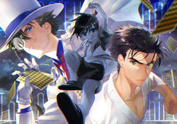  3boys black_hair blue_eyes brown_hair card clenched_hand commentary_request edogawa_conan formal gloves hat holding holding_card jacket kaitou_kid kyougoku_makoto looking_at_viewer male_focus meitantei_conan monocle multiple_boys necktie photoshop_(medium) playing_card red_necktie rice_(rice8p) sandals short_sleeves shorts smirk suit white_gloves white_headwear 