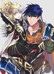  1boy armor black_armor black_gloves blue_eyes blue_hair cape commentary_request feather_trim female fire_emblem fire_emblem:_path_of_radiance fire_emblem_heroes gloves green_headband grey_background grey_hair hair_ornament headband highres hutuuno_tsubo ike_(brave_mercenary)_(fire_emblem) ike_(fire_emblem) long_hair long_sleeves parted_lips protected_link red_eyes short_hair shoulder_armor simple_background veronica_(brave_princess)_(fire_emblem) veronica_(fire_emblem) 