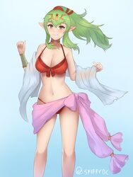  bikini blue_background breasts choker cleavage closed_mouth commentary female fire_emblem fire_emblem:_mystery_of_the_emblem fire_emblem_awakening fire_emblem_heroes gradient_background green_eyes green_hair hair_ribbon highres long_hair navel pointy_ears red_bikini ribbon simple_background smile solo spiffydc swimsuit tiara tiki_(adult)_(fire_emblem) tiki_(adult)_(summer)_(fire_emblem) tiki_(fire_emblem) twitter_username 