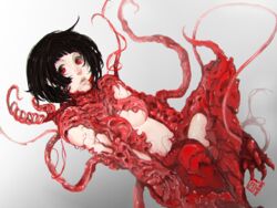  2014 black_hair bob_cut breasts commentary_request dated female gauna gauna_491 gradient_background hoshijiro_shizuka momo_kishi parted_lips red_eyes short_hair sidonia_no_kishi signature solo 