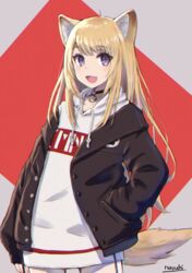  :d ahoge animal_ear_fluff animal_ears black_jacket blonde_hair commentary_request dog_ears dog_girl dog_tail drawstring female grey_background hand_in_pocket highres hood hood_down hoodie jacket kmnz long_hair long_sleeves looking_at_viewer mc_lita nayuhi_(yukimuu14) oerba_yun_fang open_clothes open_jacket open_mouth puffy_long_sleeves puffy_sleeves purple_eyes red_background signature sleeves_past_wrists smile solo tail two-tone_background very_long_hair virtual_youtuber white_hoodie 